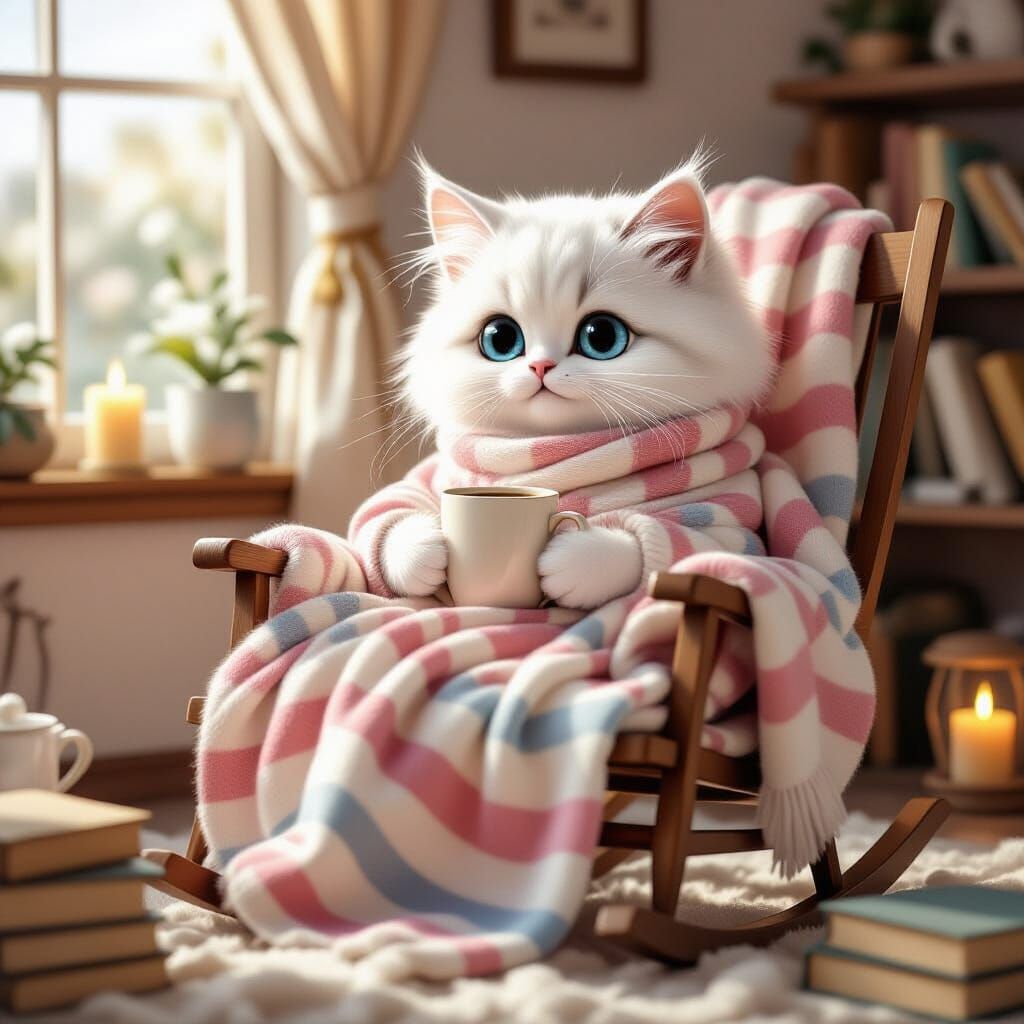 Cozy Kitty Enjoys Coffee in Warm, Sunlit Room