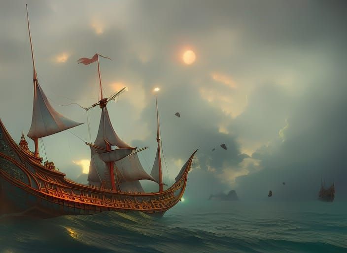 Intricate hyperrealistic "ship of dreams" by anna Dittmann, marc adamus, studio ghibli