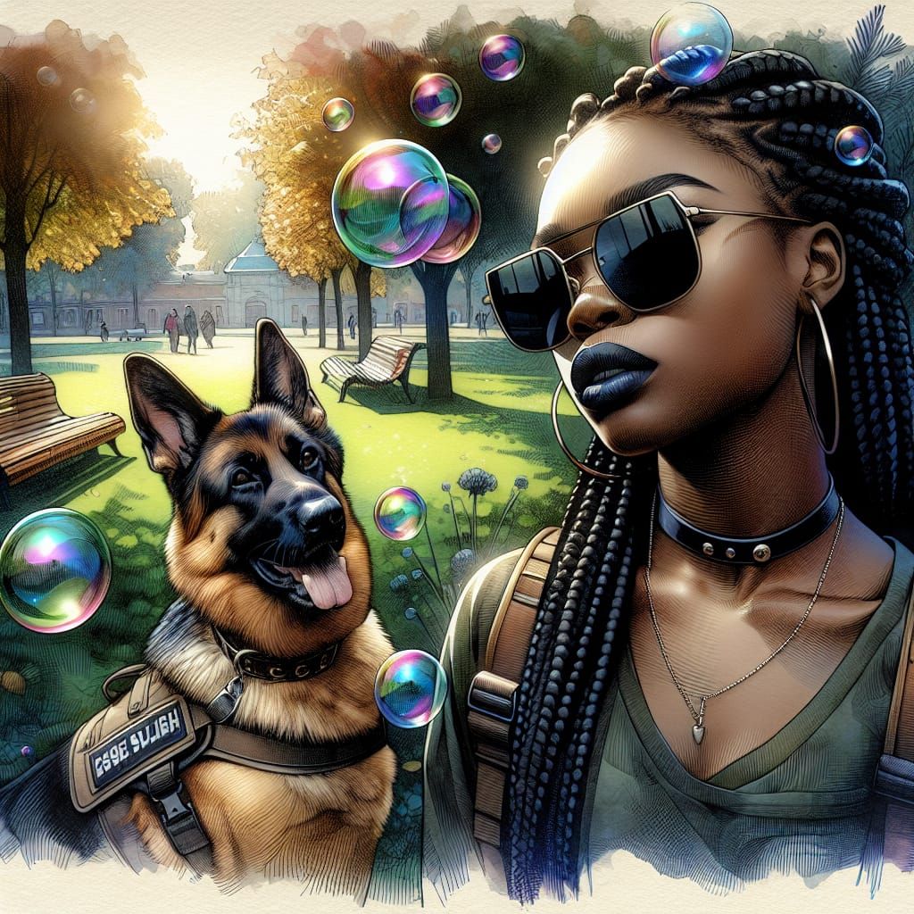 Watercolor Portrait of Woman and Service Dog in Park