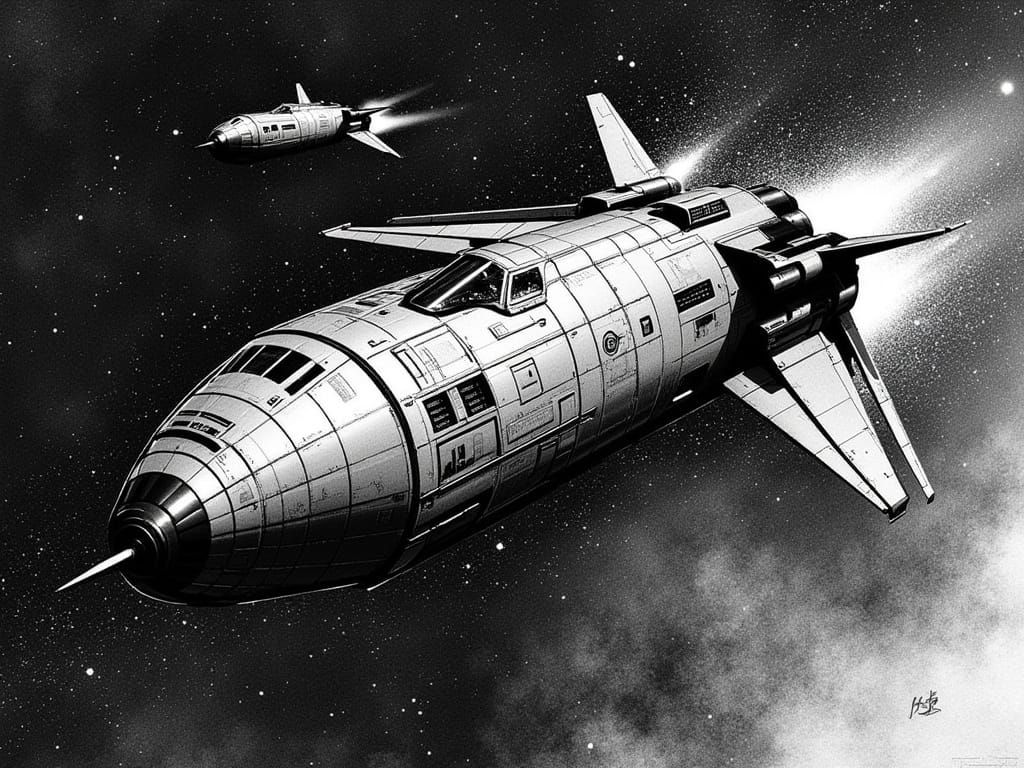 Retro Sci-Fi Rocketship in Scratchboard Pointillism Style