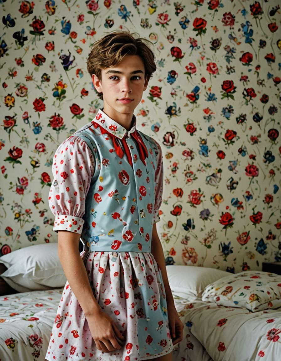 Muscular Boy in Alice Dress Poses in Bedroom