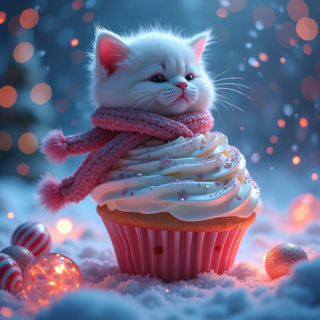 Cute Feline Sits on Glittering Cupcake in Whimsical Winter S...