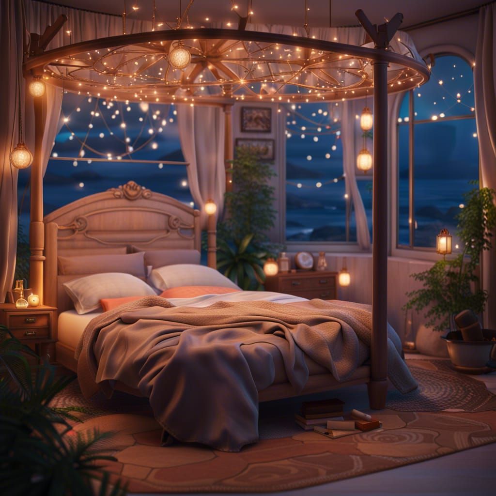 Dreamy Bedroom with Sea View in Ghibli Style