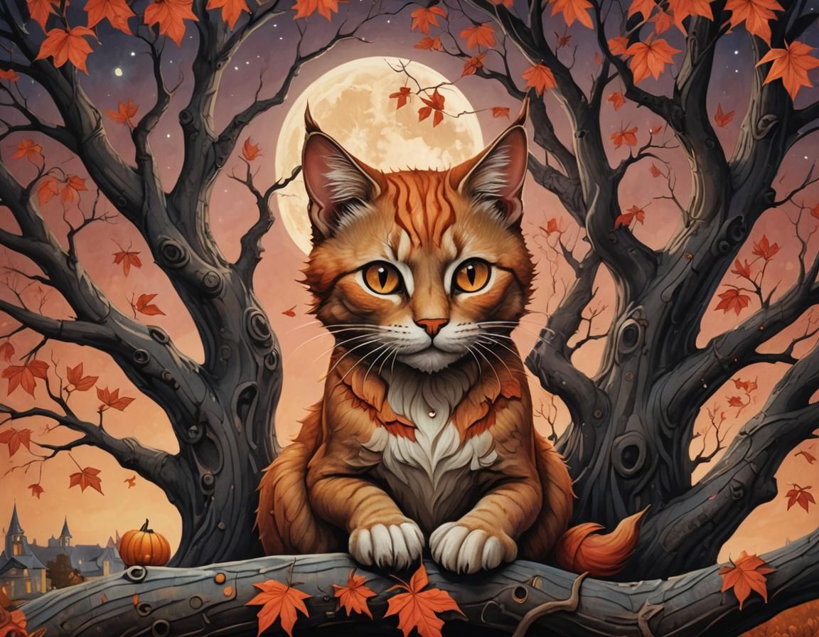 Mythical Feline in Autumn Tree, Surreal Fantasy Art