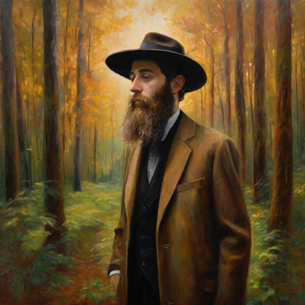 Hasidic Jew Praying in Forest, Impressionist Oil Painting