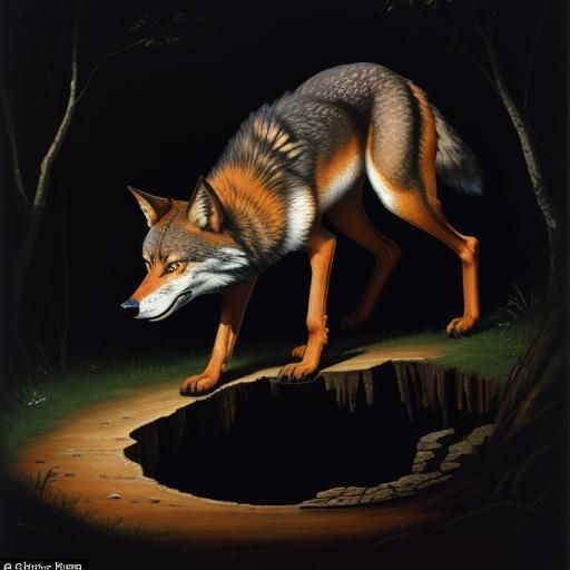 Red Wolf Leaps into Hole: 16th Century Oil Painting