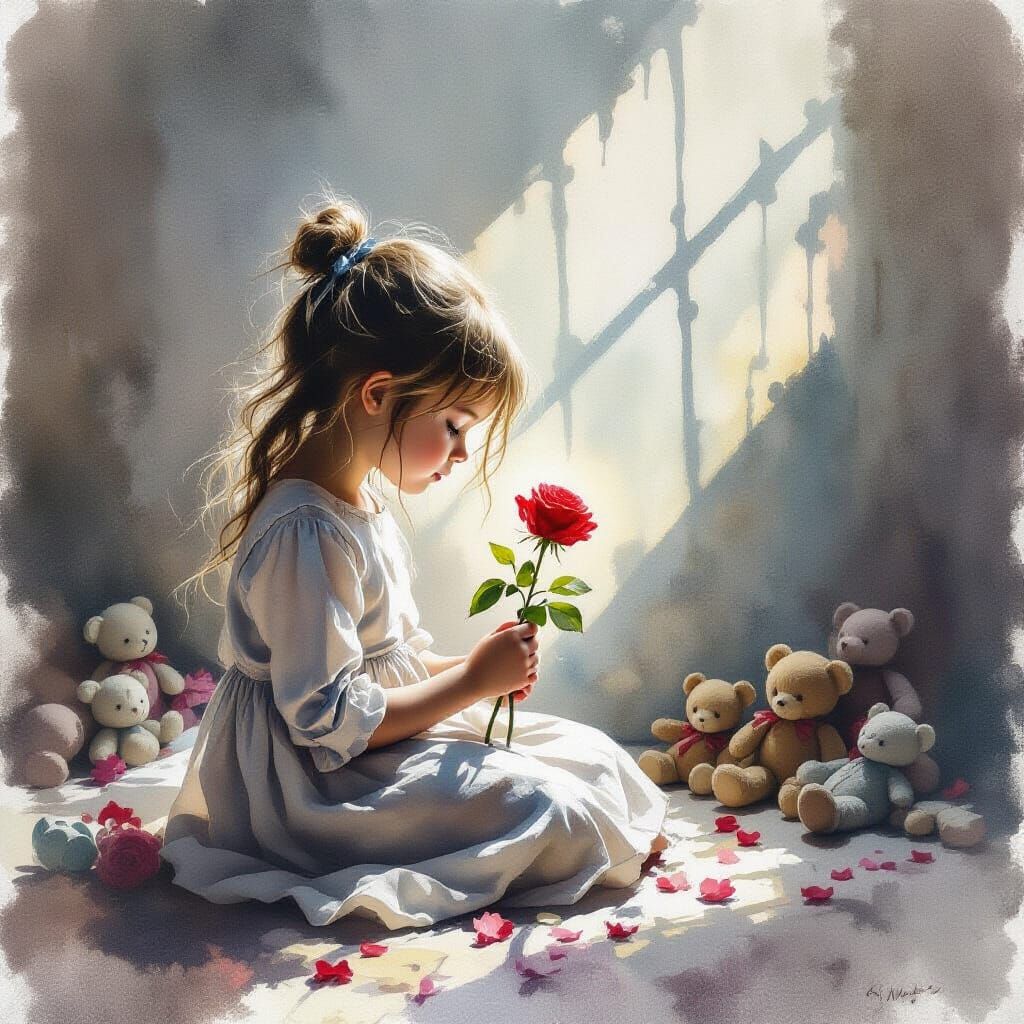 Melancholic Girl with Rose in Abandoned Room