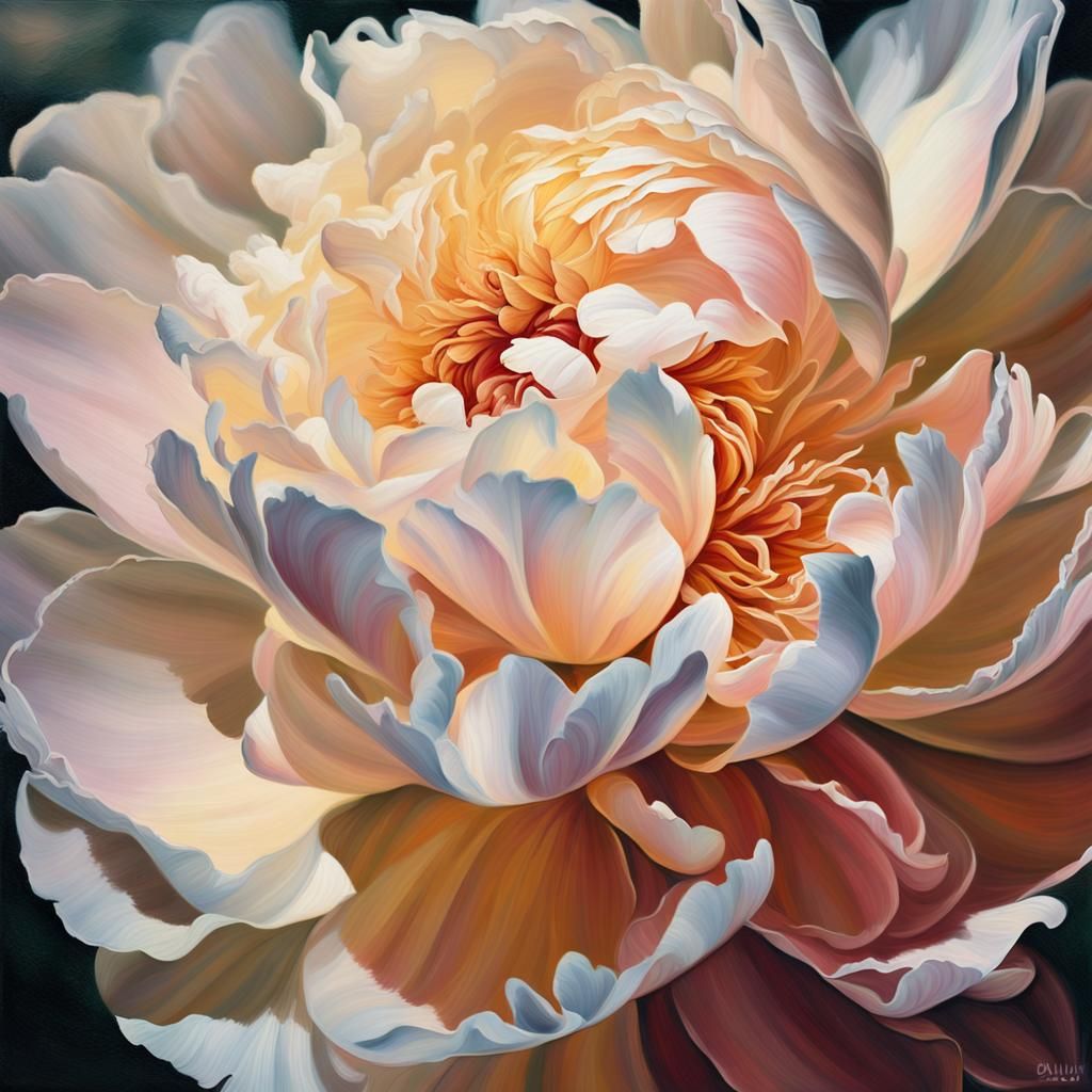 Surreal Peony Flower Falling, Oil on Canvas
