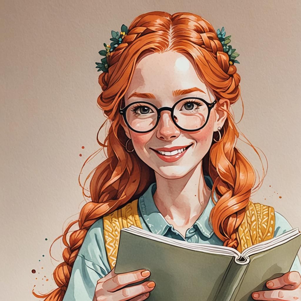Cute Ginger Woman Reading: Gouache Chibi Portrait