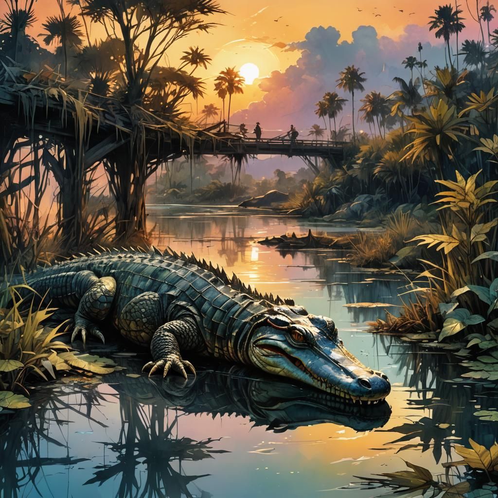 Alligator Fantasyscape Sunset in Watercolor Style