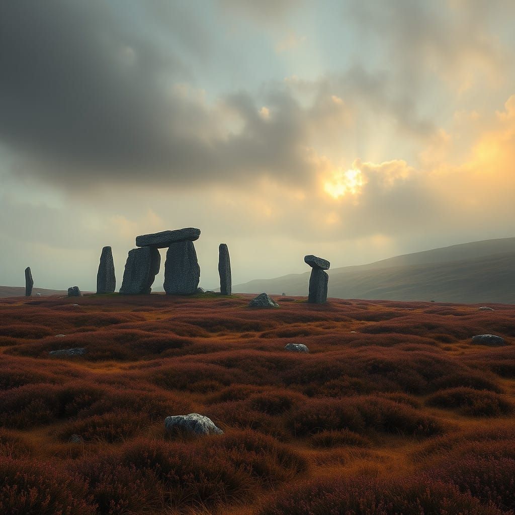 Mystical Breton Moorland in Autumn with Ancient Menhirs