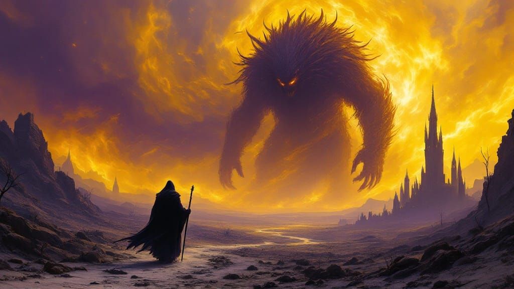 Wizard in Wasteland with Monster, Art Nouveau Style