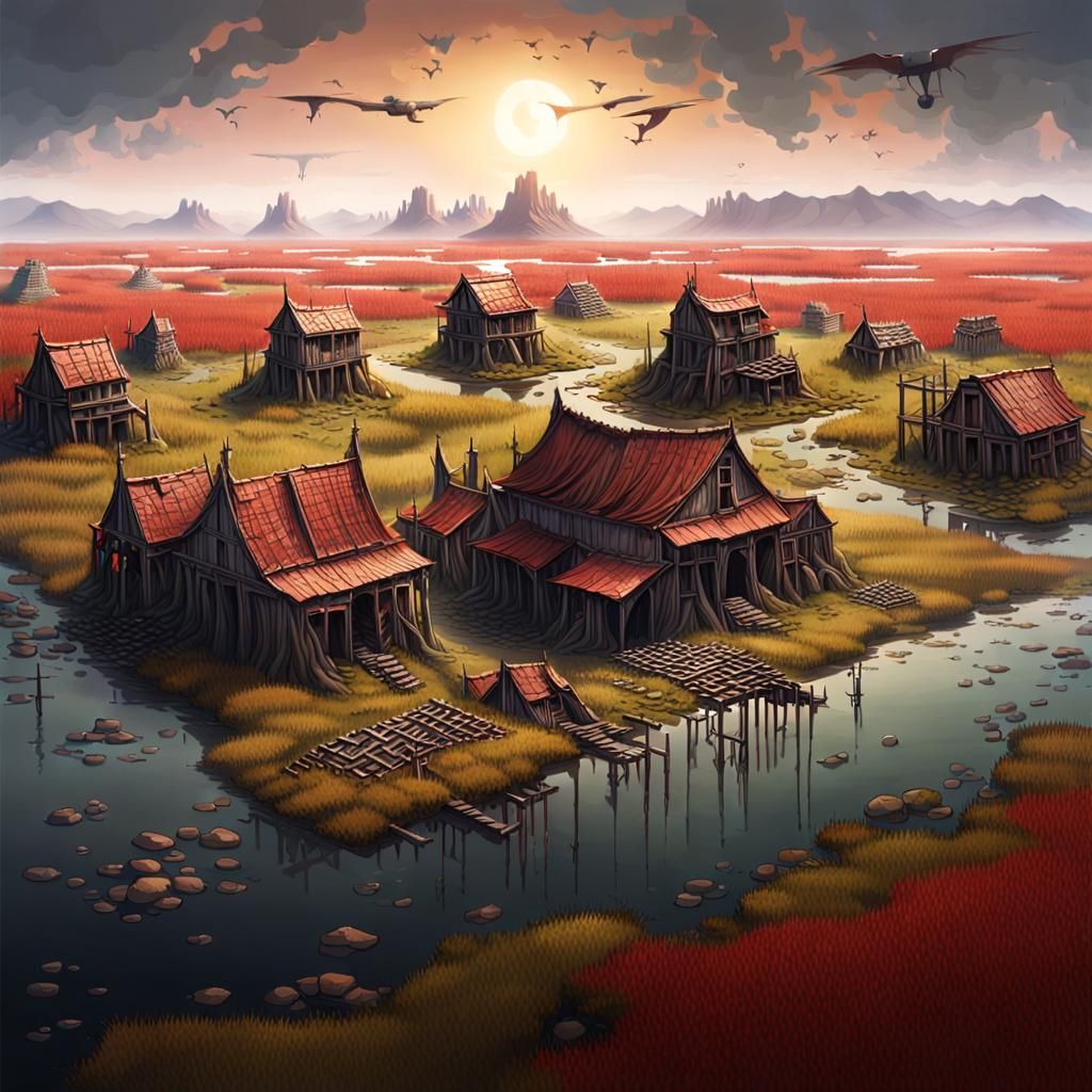 Dystopian Hamlet in Marsh with Ancient Ruins