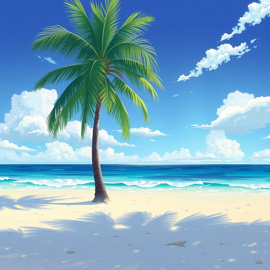 Anime Style Deserted Beach with Palm Tree