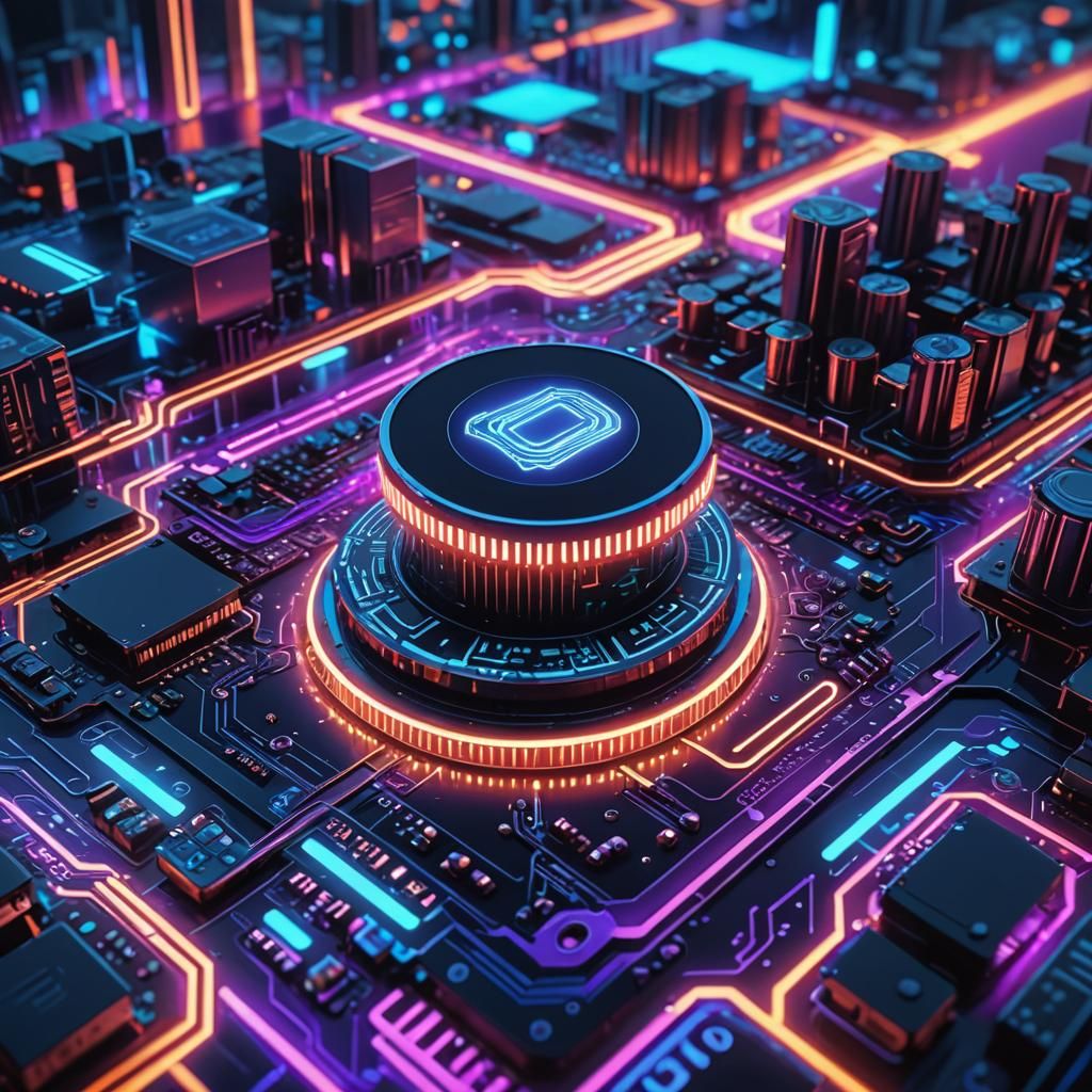 Futuristic Qcoin in Glowing Neon Cityscape