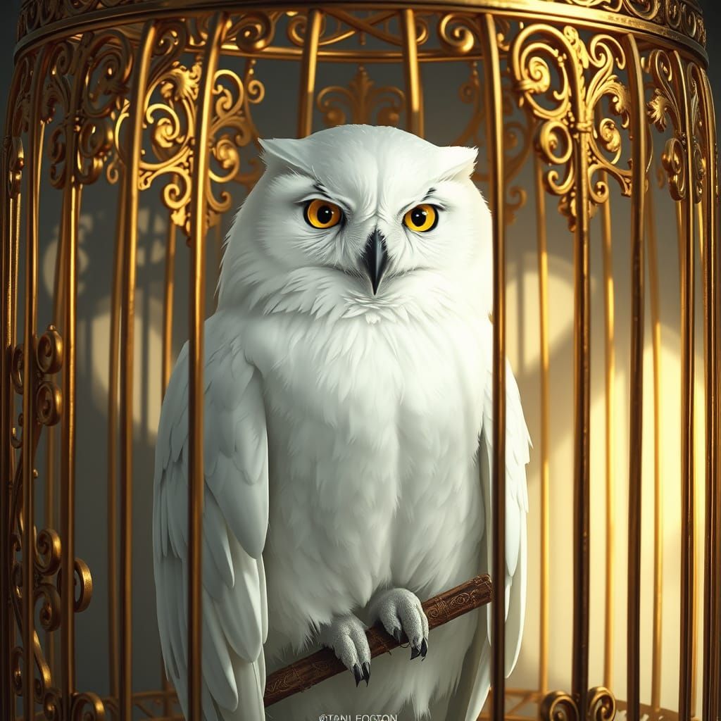 Majestic Snowy Owl in Ornate Gilded Birdcage