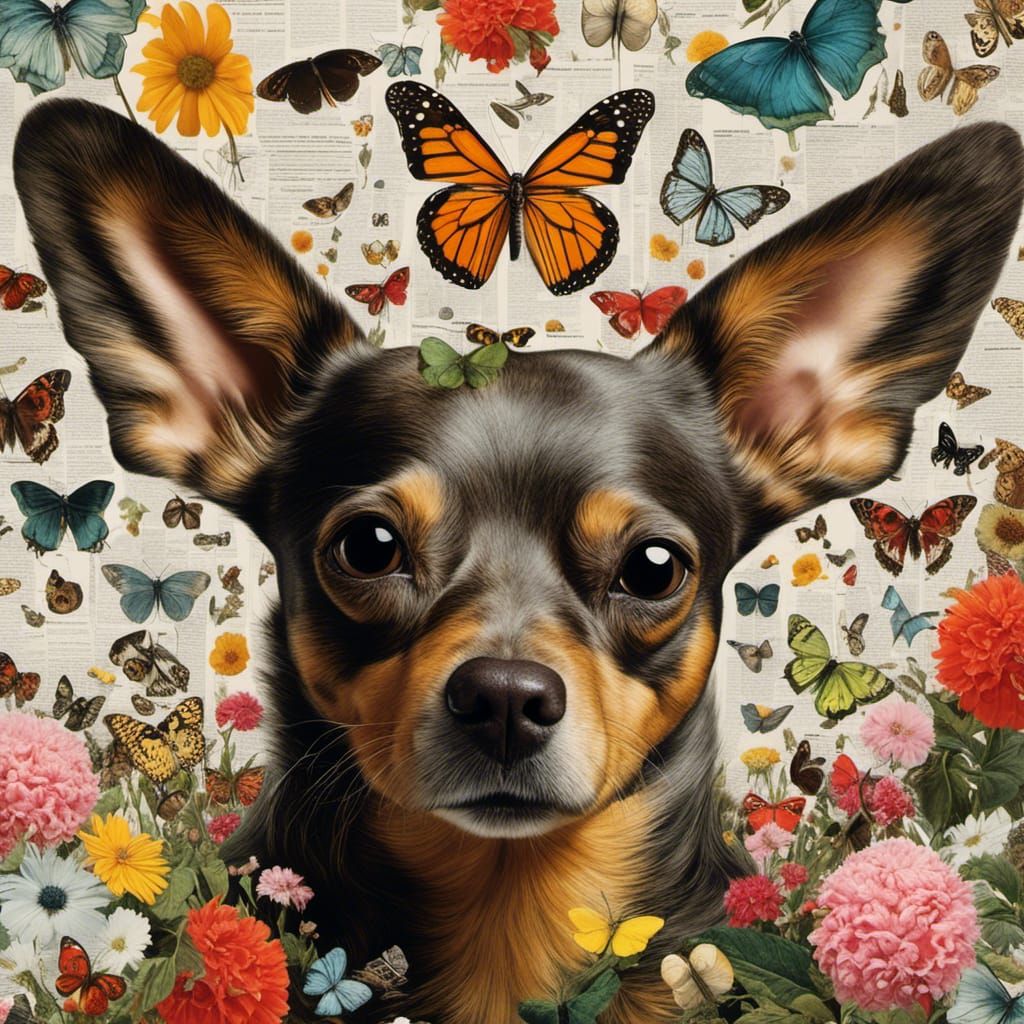 <lora:Strong Expression:1.2>
butterly sits on the noes of the dog
flower dog mixed media collage, Collage art, fashion, ...