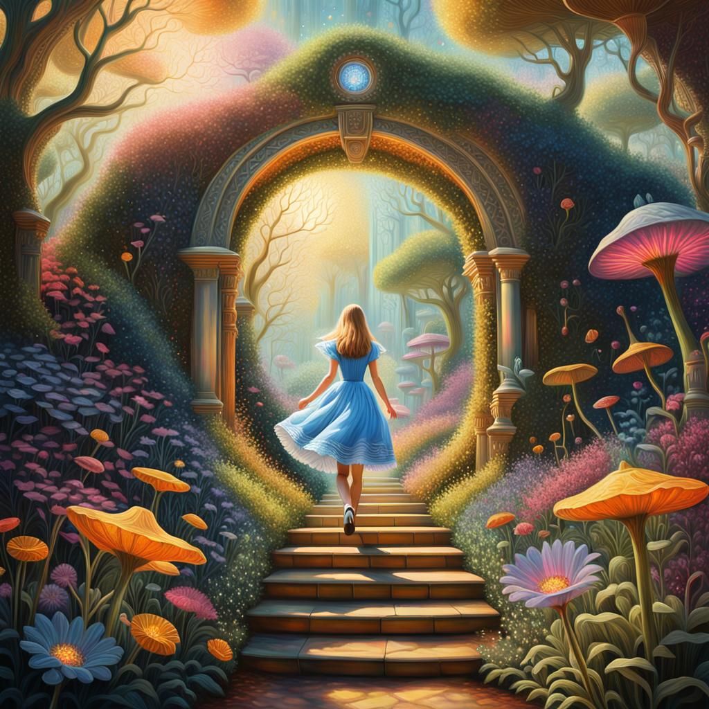 Alice in Dreamlike Garden: Surrealist Oil Painting