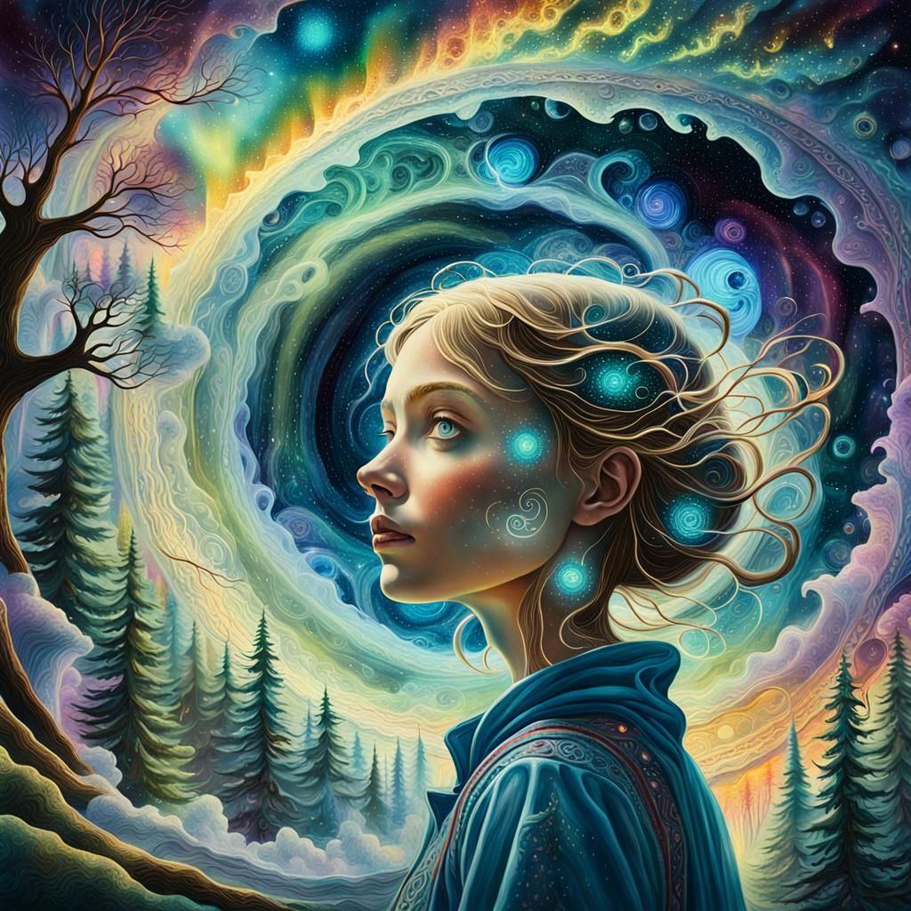 Alice in Cosmic Surrealism: Dreamlike Oil Painting