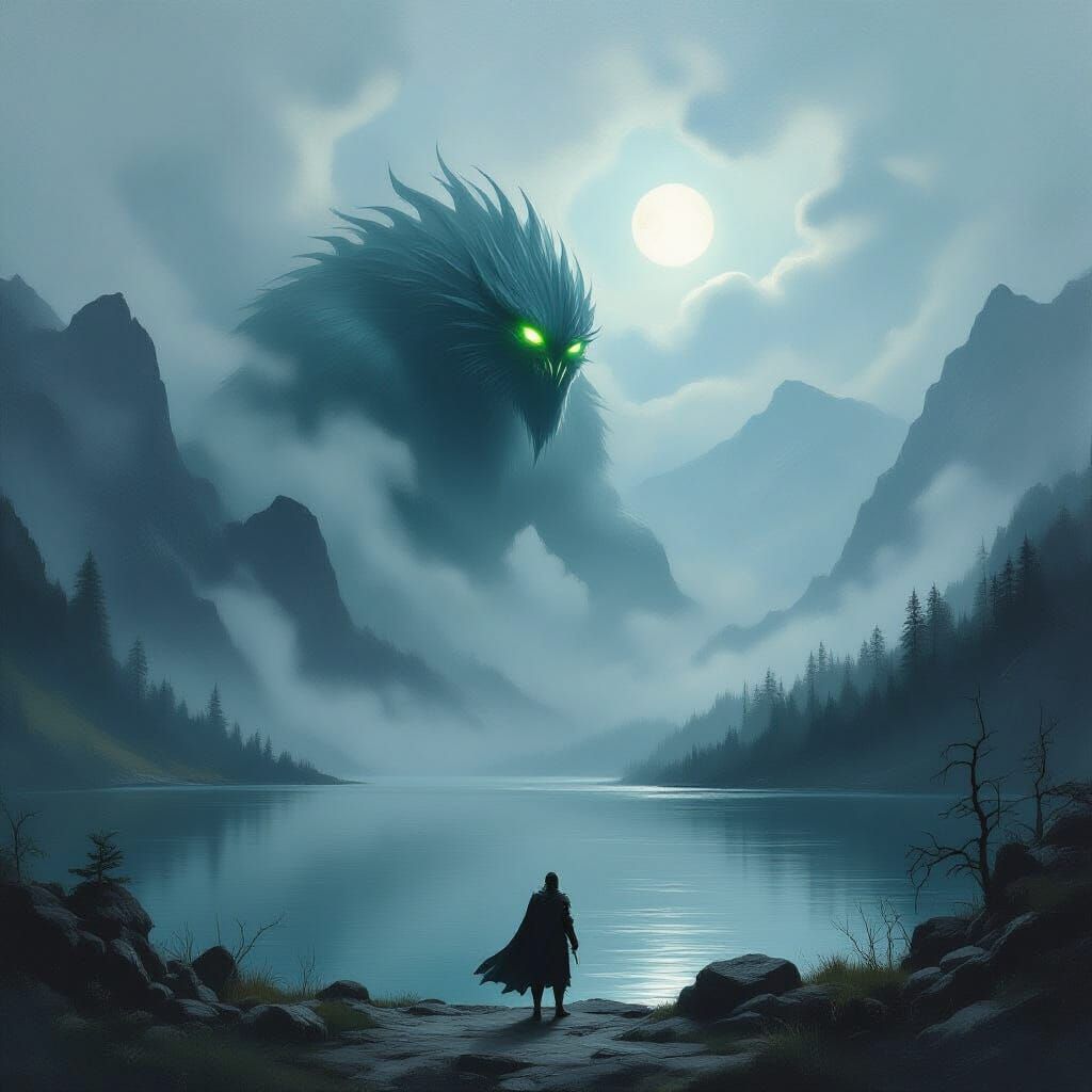 Romantic Landscape with Mysterious Beast and Lone Knight