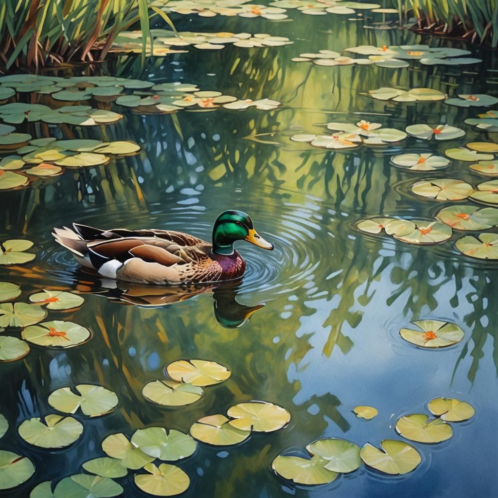 Duck Swims in Pond: Gouache Impressionist Masterpiece