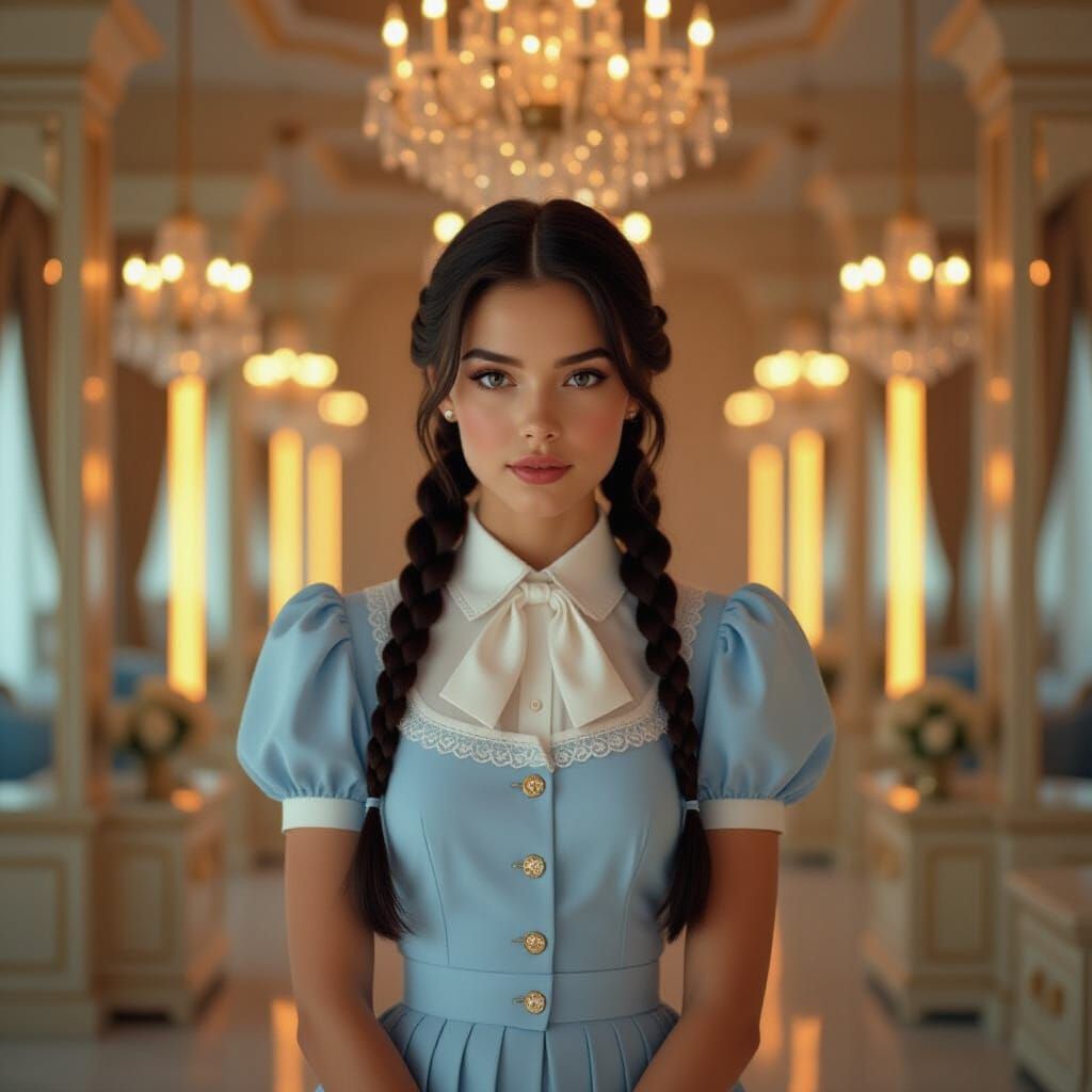 Young Woman in Blue Uniform Poses in Lavish Dressing Room
