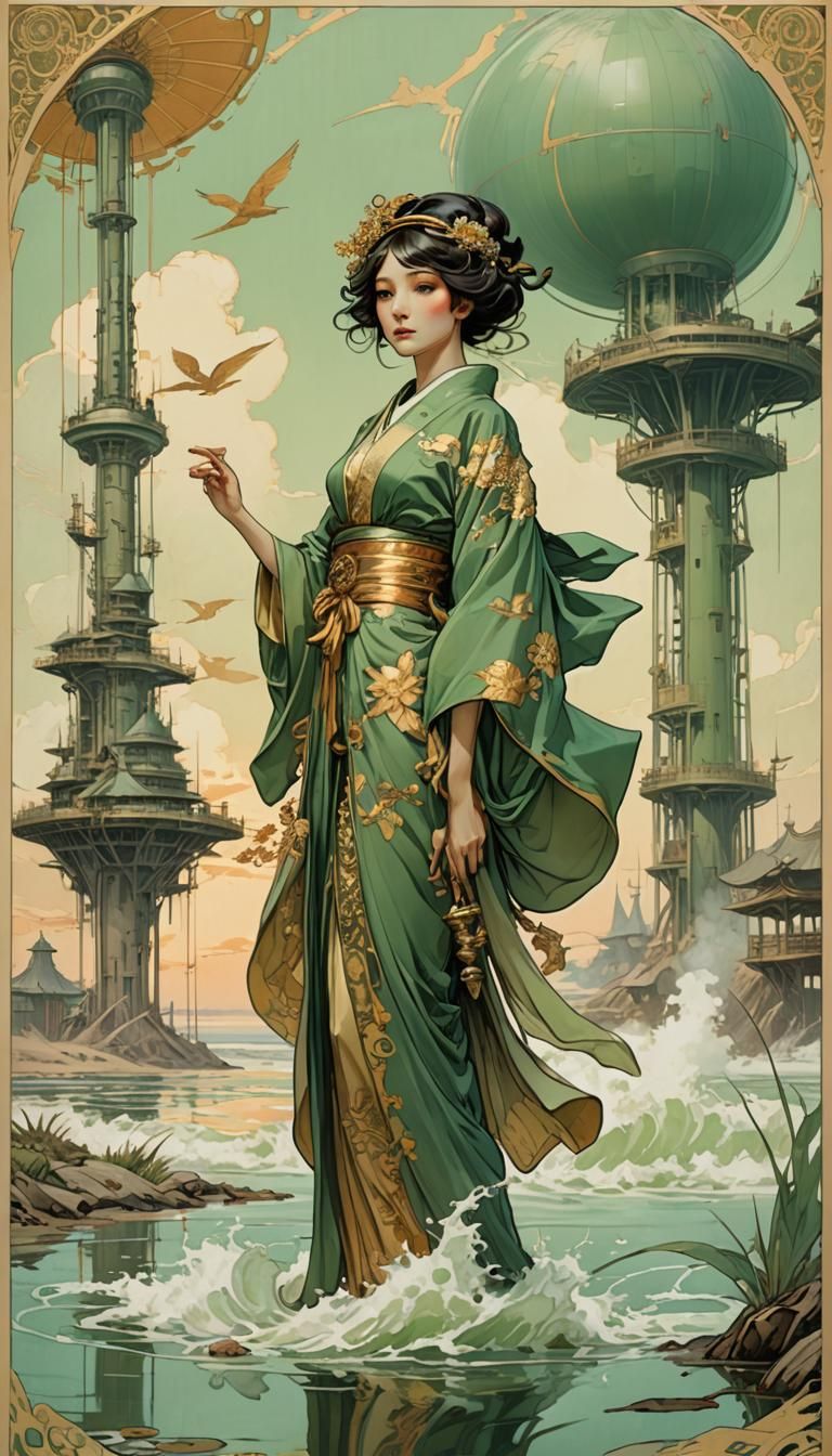 Woman in Kimono with Air Tower, Alphonse Mucha Style