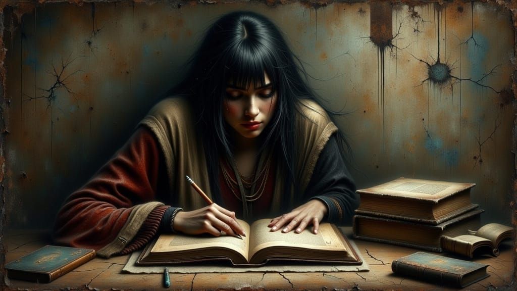 Determined Woman Writes in Dim Room, Dark Fantasy Style