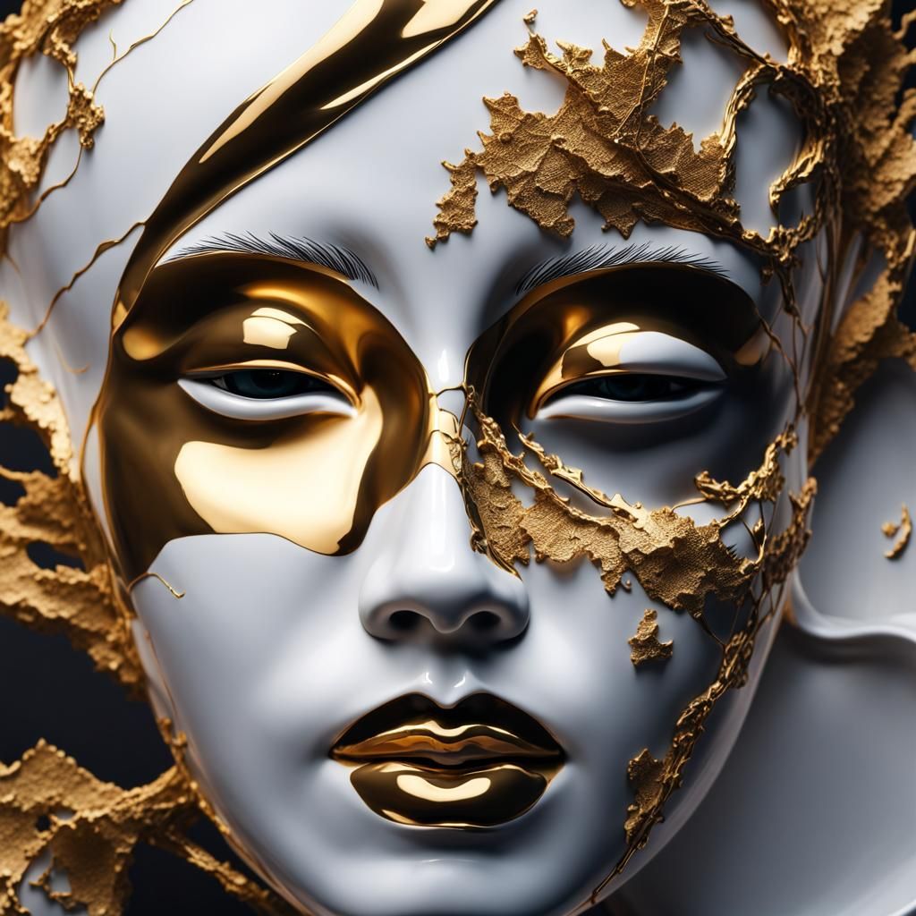 Kintsugi Porcelain Face in Hyperrealistic Style