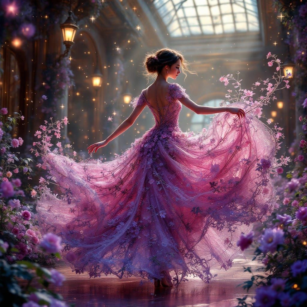 Girl in Living Flower Dress Twirling in Ballroom