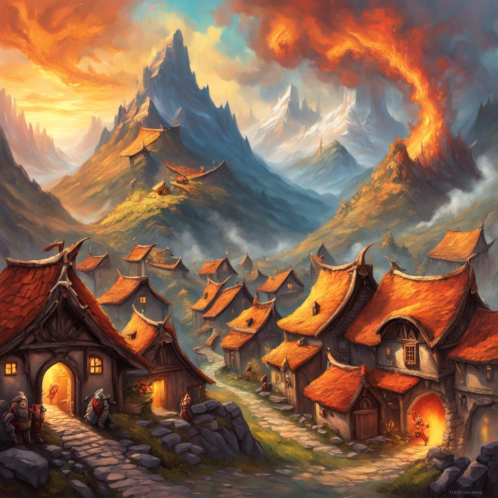 Dragons Guard Mountain Village: Vibrant Oil Painting