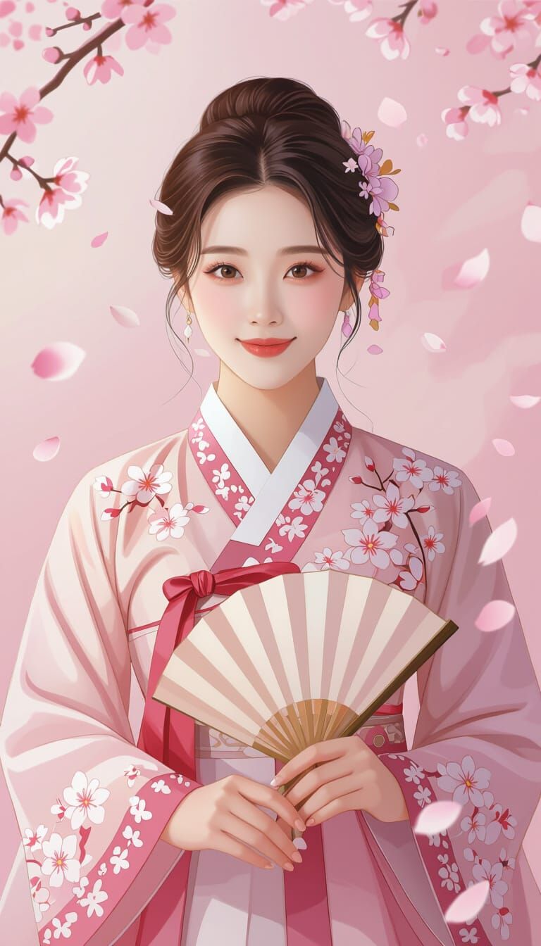Korean Woman in Hanbok with Cherry Blossoms