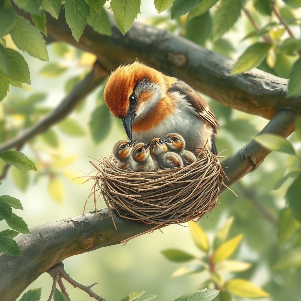 Mother Bird Feeds Her Nestlings in a Whimsical Woodland Scen...