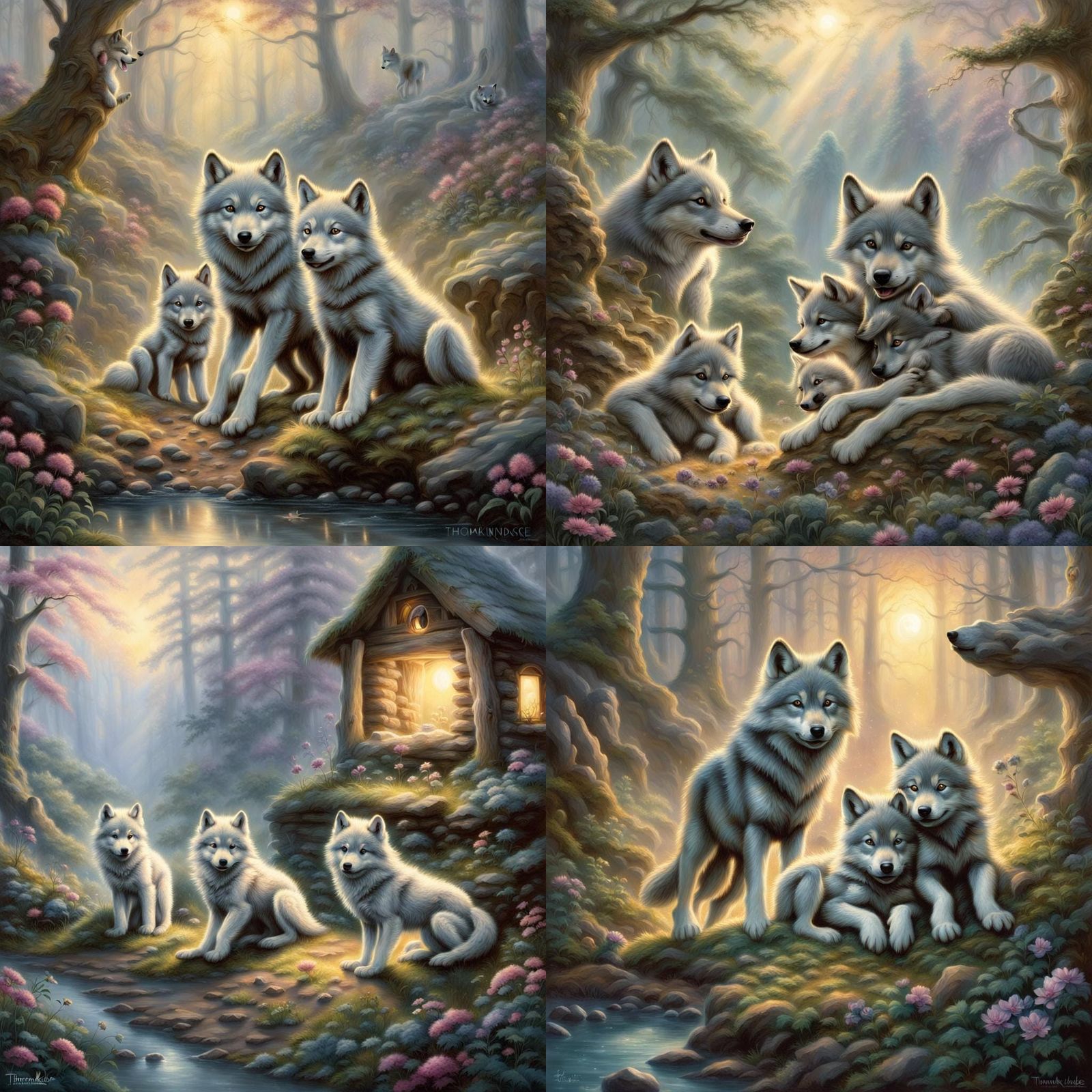 Baby Wolves Play in Den: Ethereal Fantasy Art