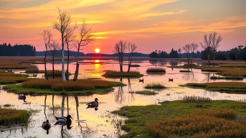 Serene Marshland Sunset with Birch Trees and Water Reflectio...
