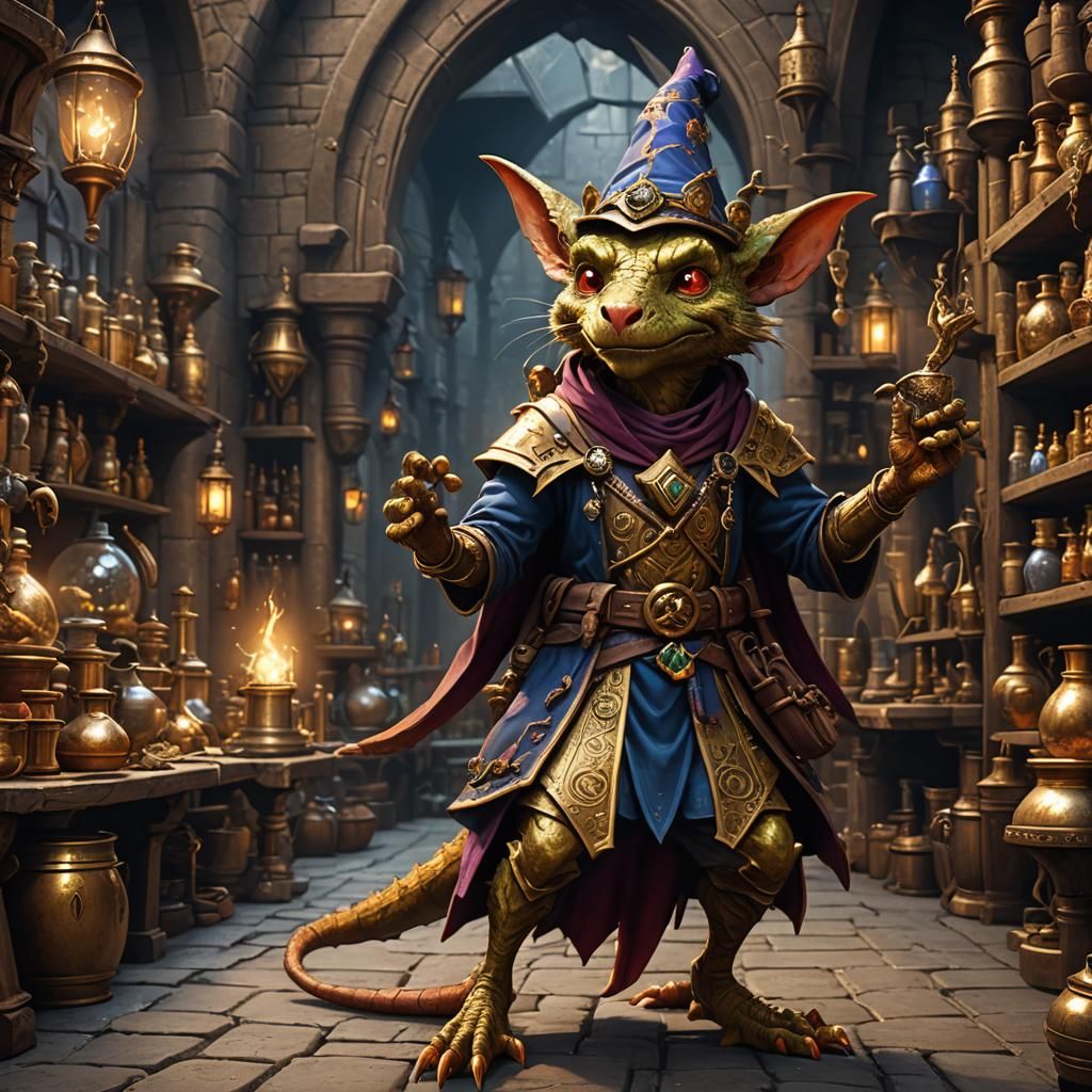 Female Kobold Wizard in Alchemist Shop