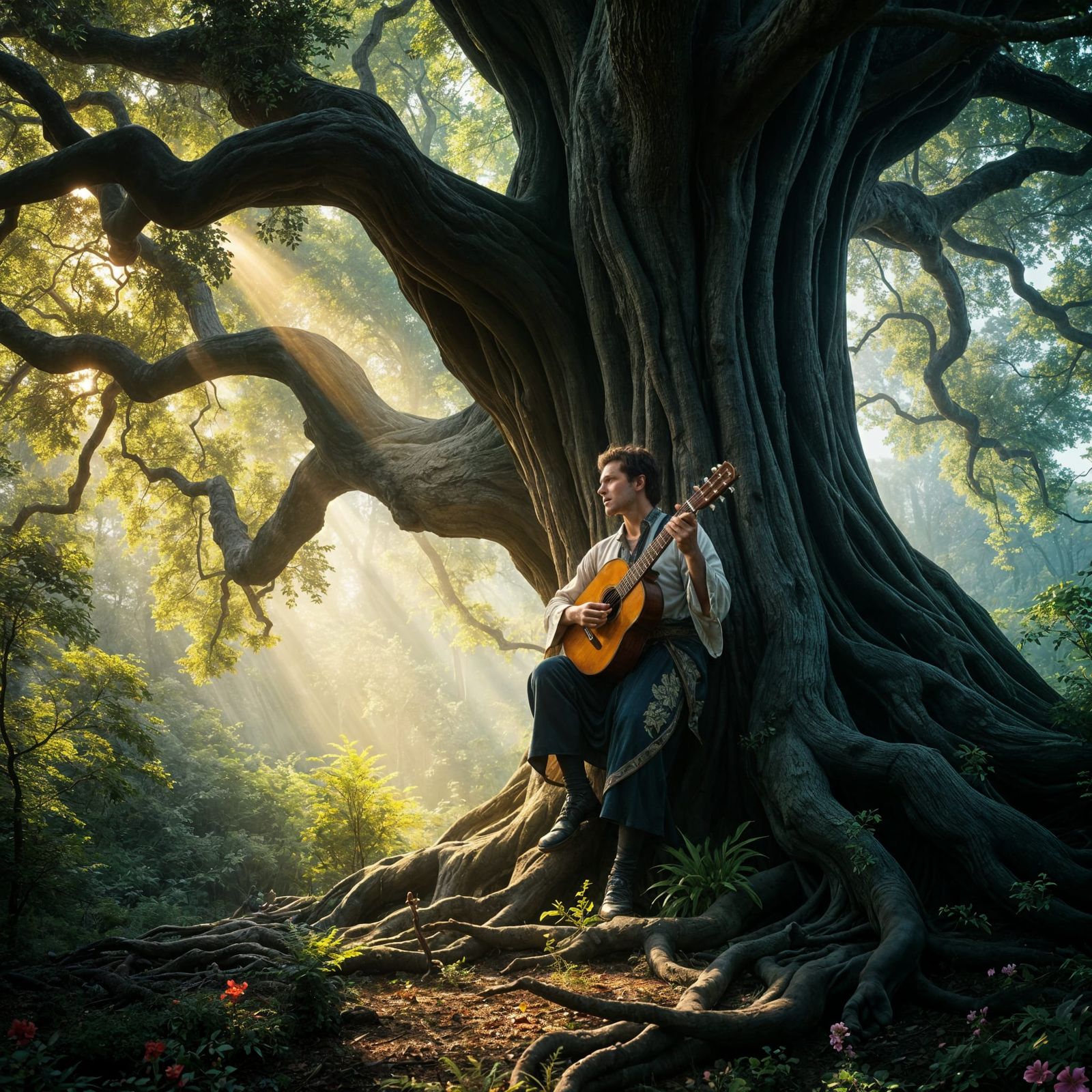 Epic Male Bard in a Majestic Forest Clearing