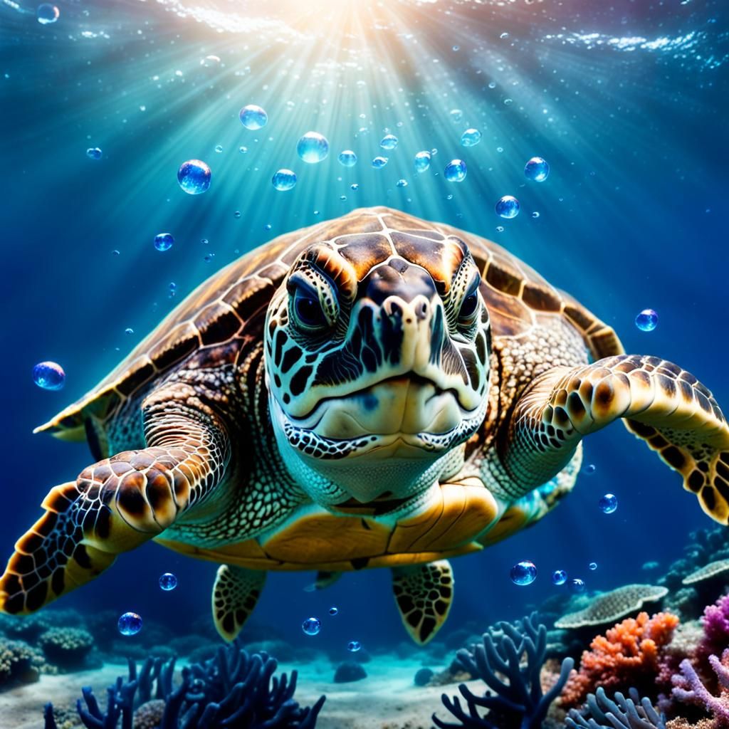 Sea Turtle Swimming in Underwater Coral Scene