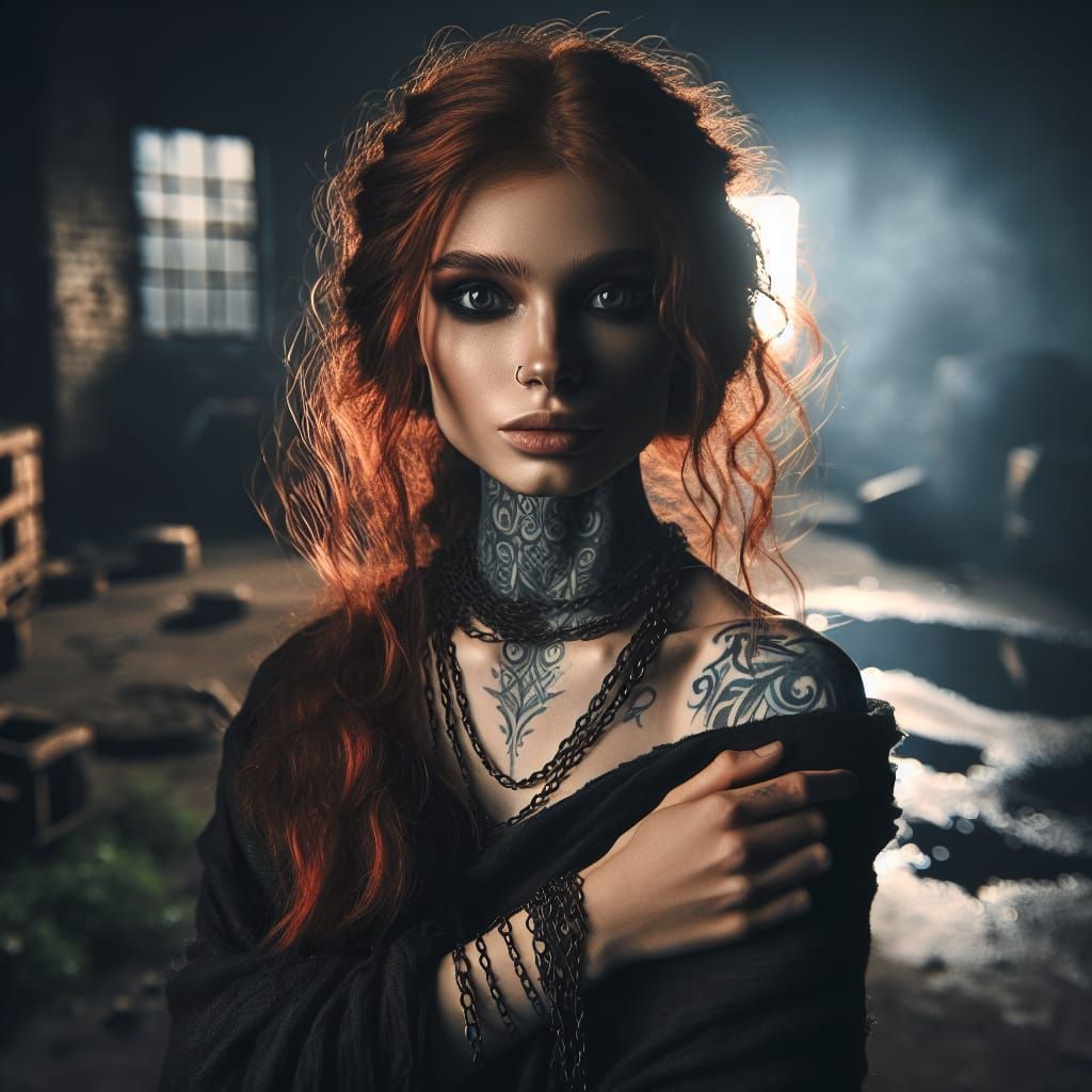 Realistic Portrait of a Dark, Red-Haired Girl