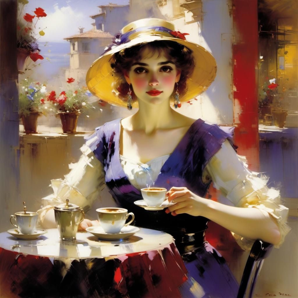 Elegant Woman Enjoying Coffee, in Daeni Style