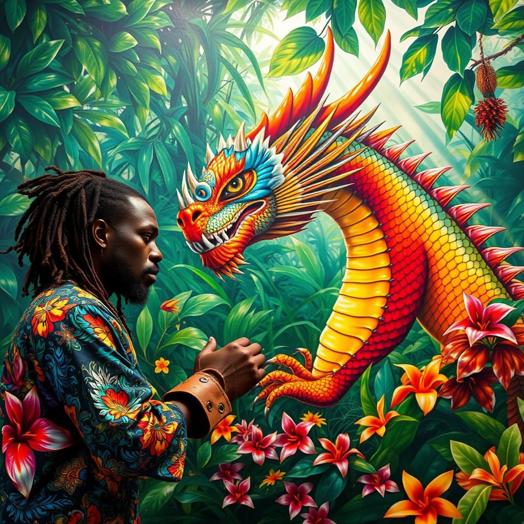 Vibrant Jungle Mural of a Majestic Dragon in Photorealistic...