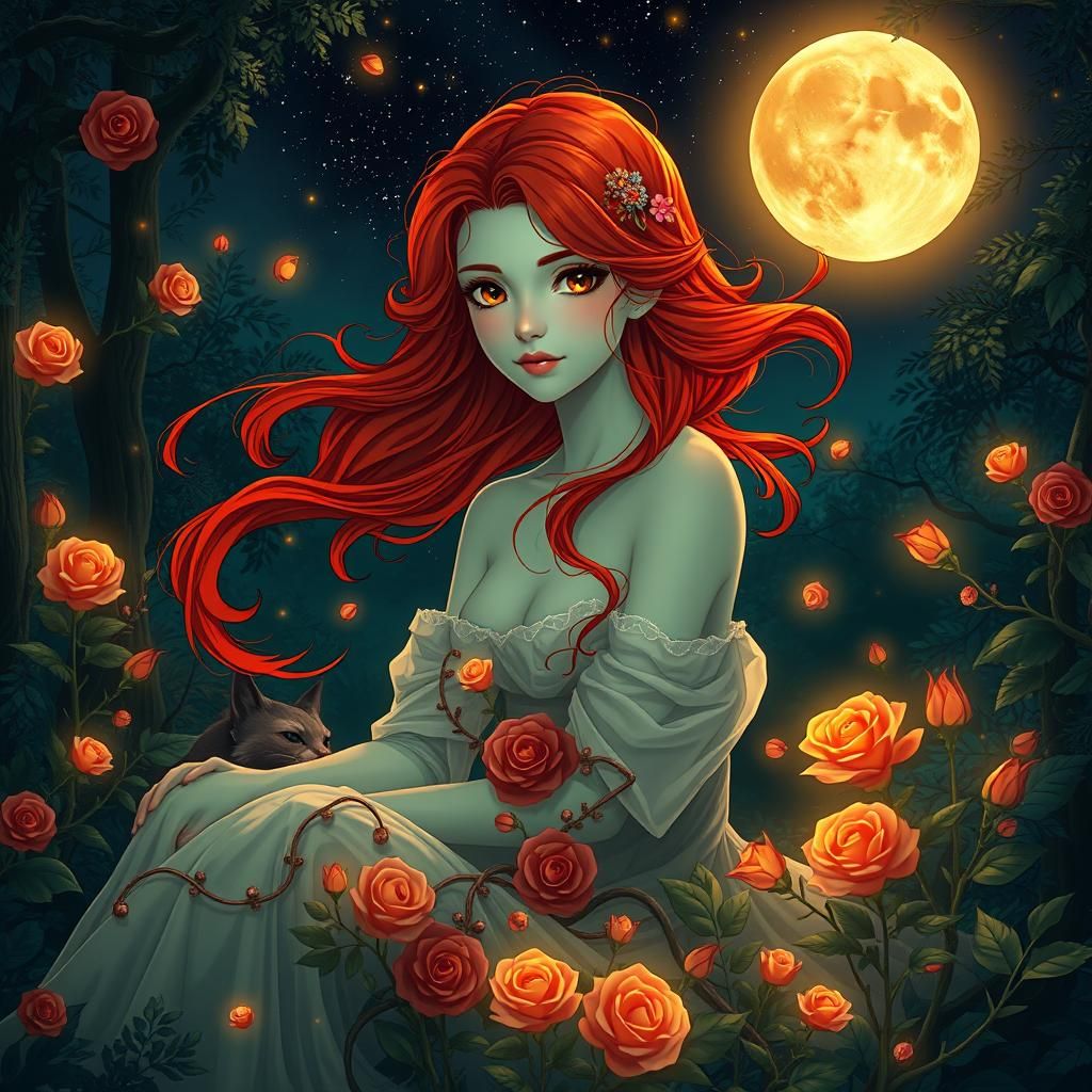 Forest Spirit with Fiery Roses in Anime Style
