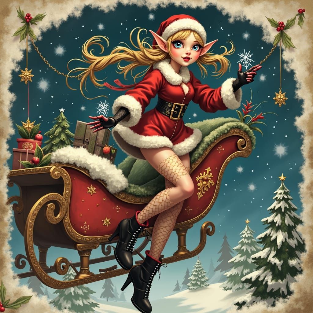 Art Deco Elf Girl in Santa's Sleigh
