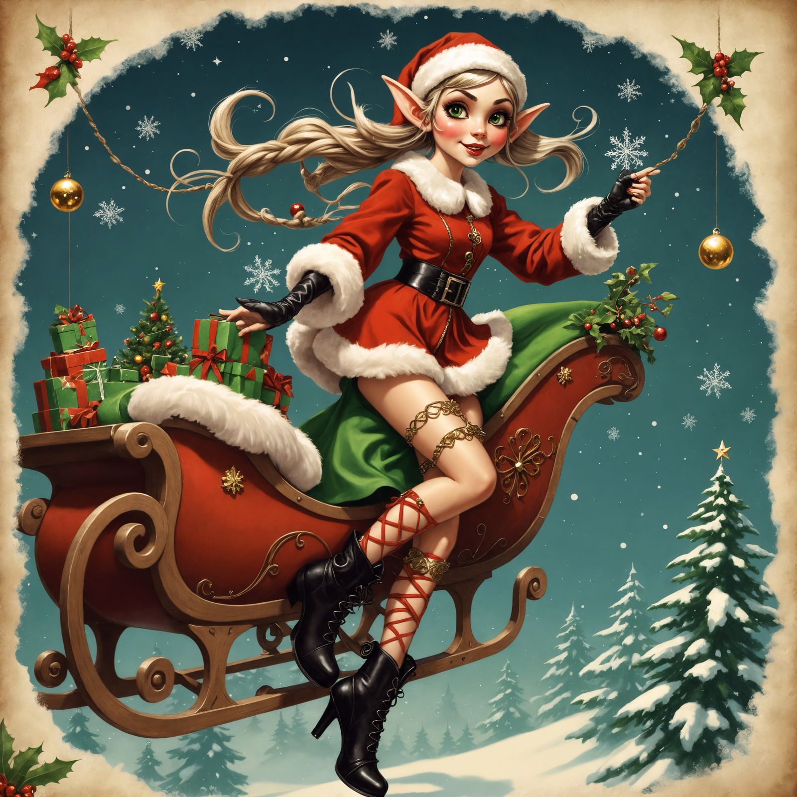 Art Deco Elf Girl in Santa's Sleigh