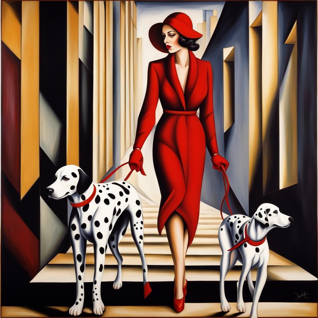 Art Deco Woman with Dalmatian in Red Dress