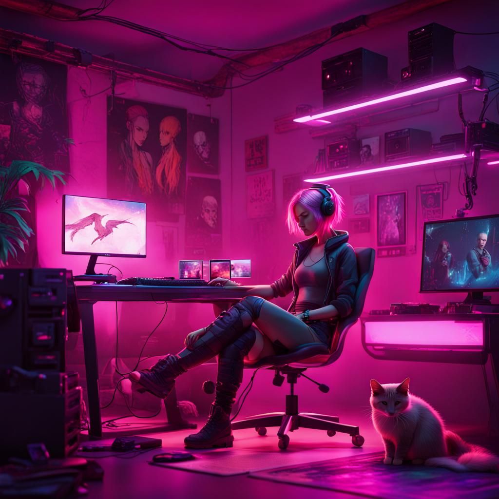 Cozy Cyberpunk Gaming Room with Pink-Haired Girl