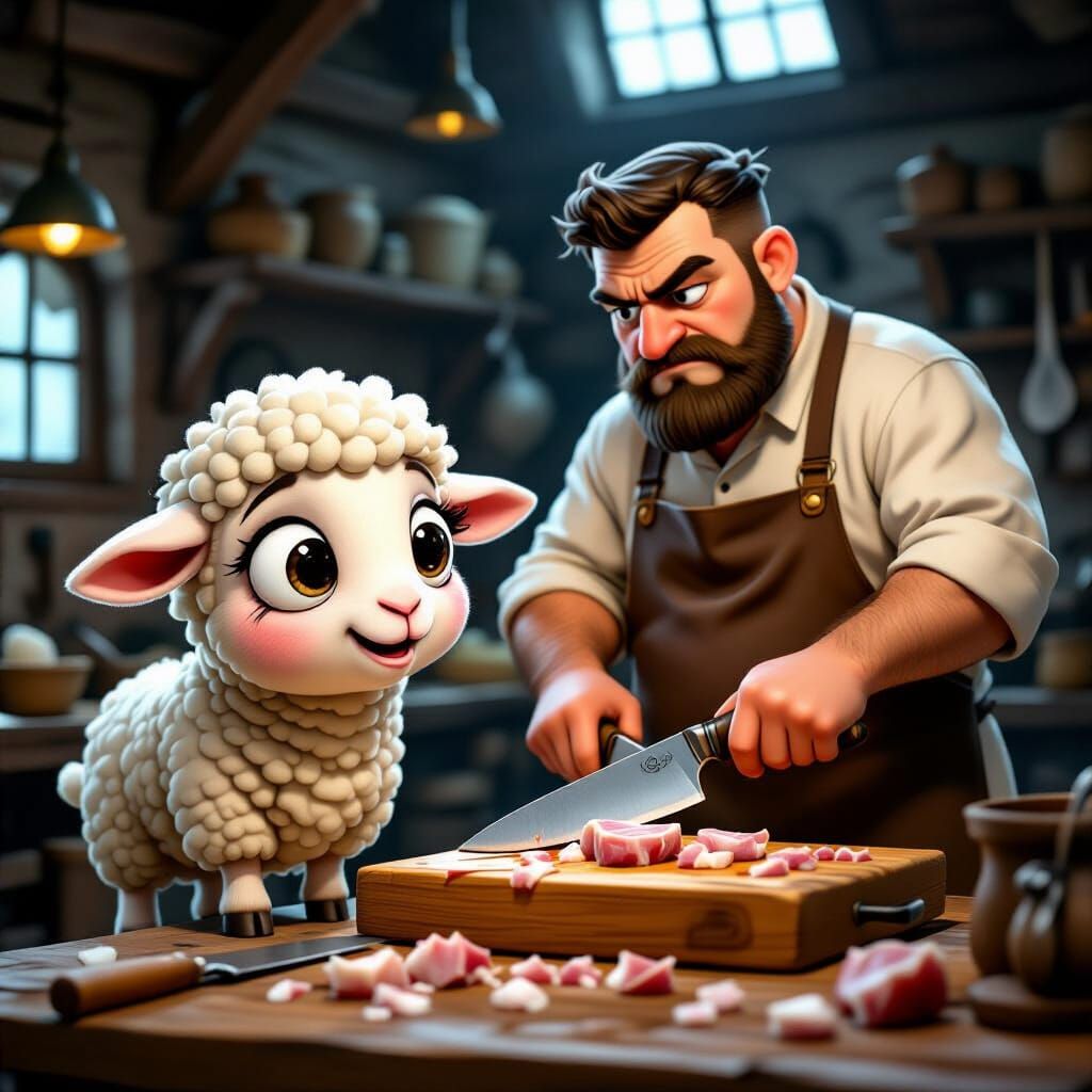 Cartoon Lamb and Butcher in Dimly Lit Workshop