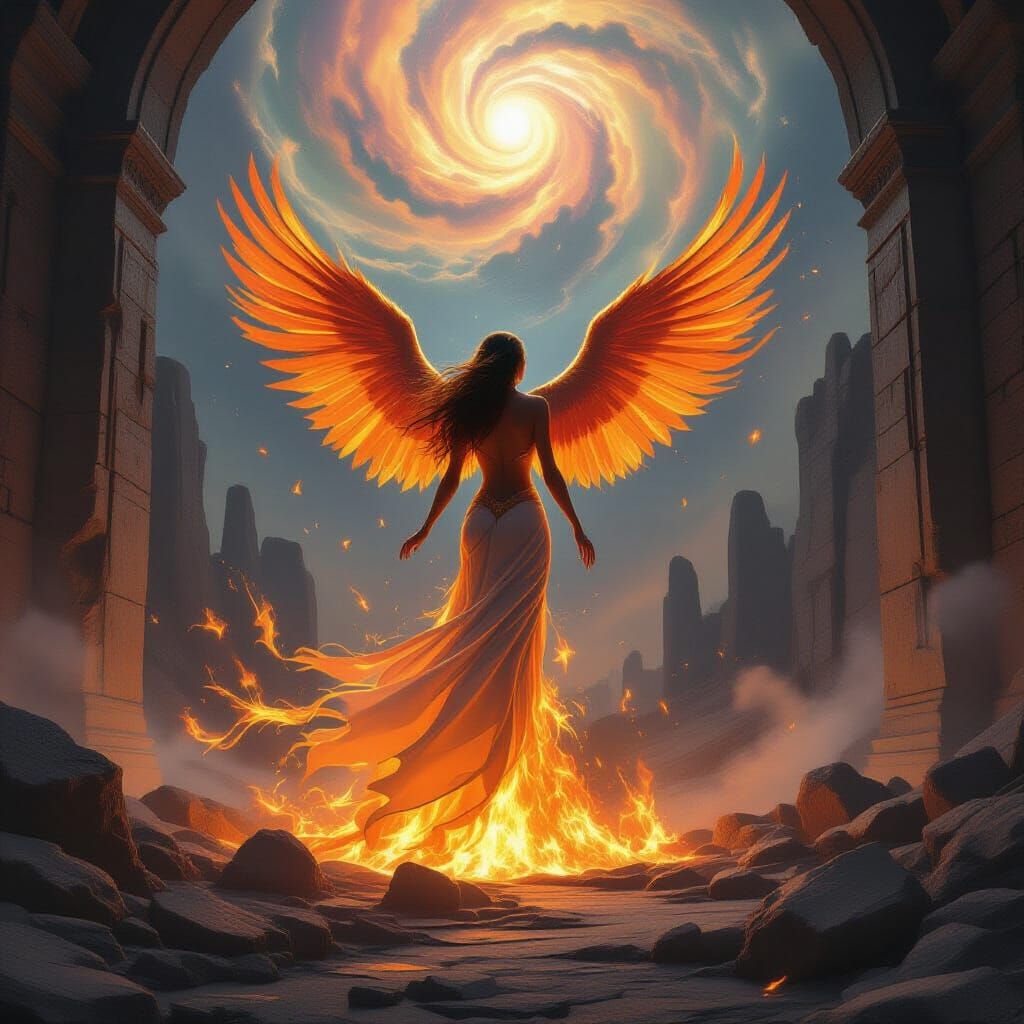 Phoenix Woman Rising from Ashes in Alien Landscape