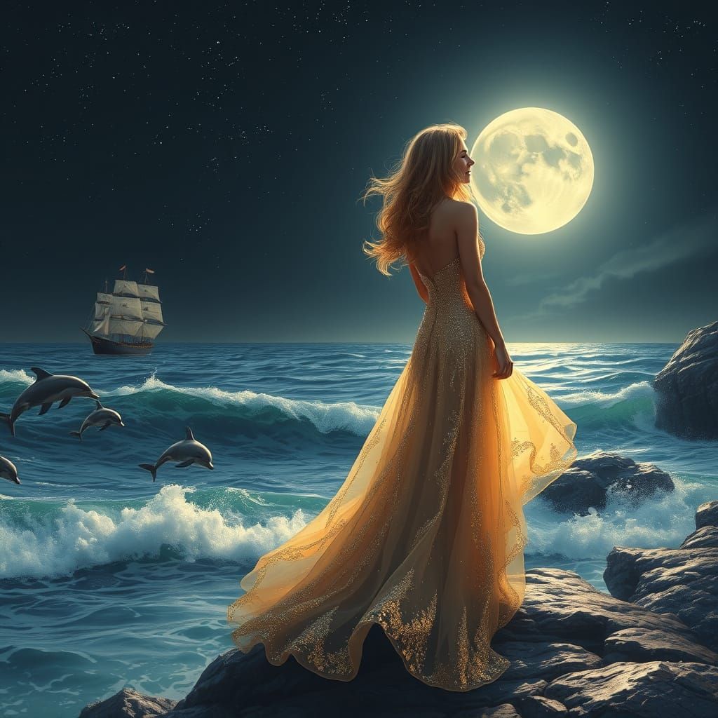 Ethereal Goddess on Moonlit Sea Shore in Dreamy Digital Art