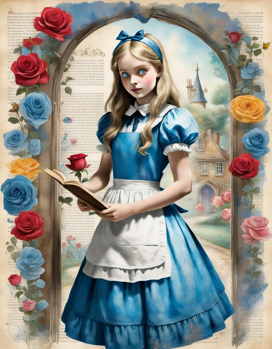 Alice in Wonderland Vintage Illustration with Floral Accents